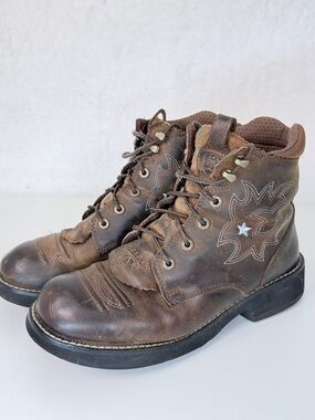 Ariat Lace Up Western Ankle Boot Brown Leather Star Stitch Womens 7